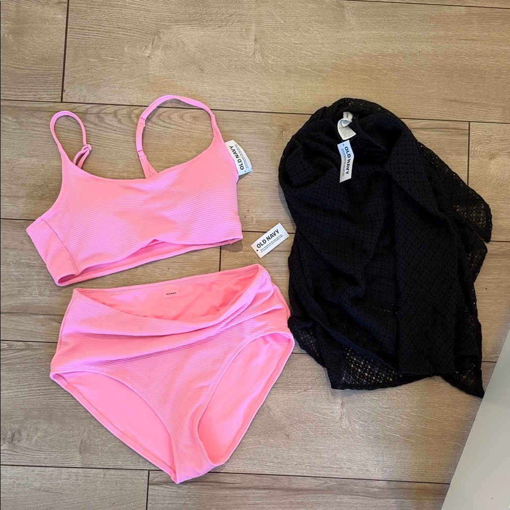 Old Navy Pink Ribbed Bikini Set with Black Mesh Sarong Cover-Up